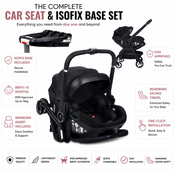 Black infant car seat with stroller frame and base, one-click installation controls
