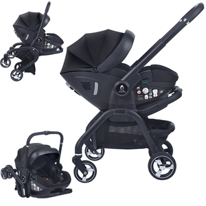 Black infant stroller with attached car seat, adjustable canopy and handle controls