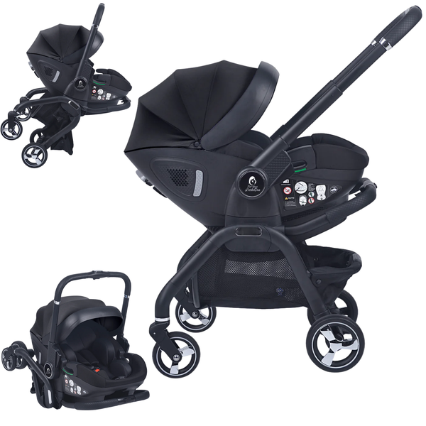 Black infant stroller with attached car seat, adjustable canopy and handle controls