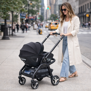 Black infant stroller with attached car seat, canopy and multi-position seat base