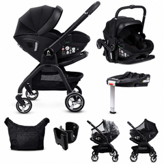 Black stroller with infant car seat, plus car base, diaper bag, and cup holder