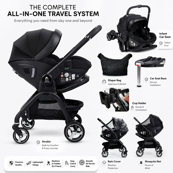 Infant car seat and stroller travel system bundle, black stroller with car seat and base