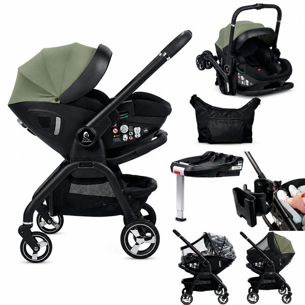 Sage green infant car seat and stroller travel system with carry bag and cup holder
