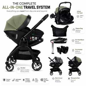 All-in-one travel system bundle with sage green stroller, car seat, diaper bag, cup holder