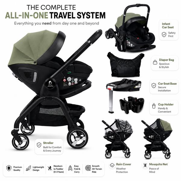 All-in-one travel system bundle with sage green stroller, car seat, diaper bag, cup holder