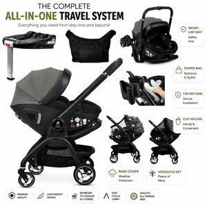 Olive grey and black infant car seat stroller bundle with carry bag and cup holder