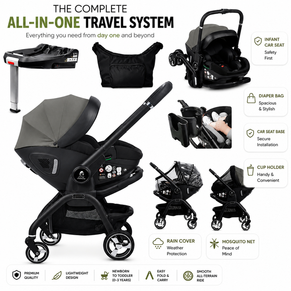 Olive grey and black infant car seat stroller bundle with carry bag and cup holder