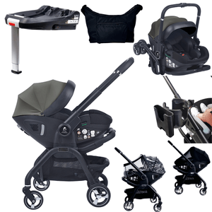 Olive grey stroller canopy with infant car seat, stroller frame, and storage pouch