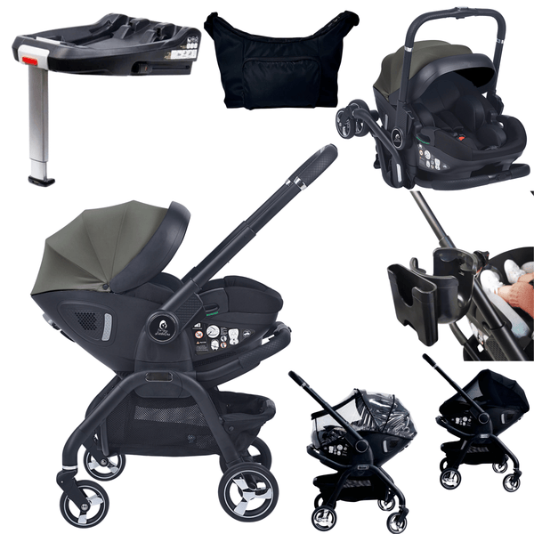Olive grey stroller canopy with infant car seat, stroller frame, and storage pouch