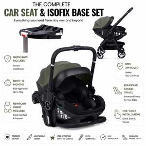 Infant car seat with ISOFIX base, olive grey and black, with stroller frame