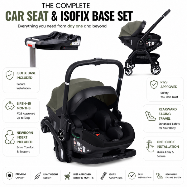 Infant car seat with ISOFIX base, olive grey and black, with stroller frame