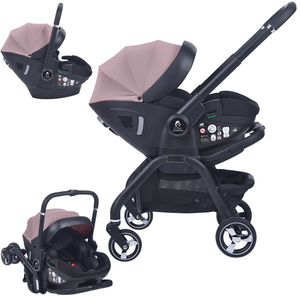 Infant car seat stroller with pastel pink canopy and black frame, two front wheels