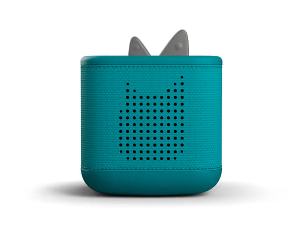 Toniebox 2 in tropical teal, front view with perforated speaker grille and gray ears