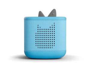 Front view of the sky blue Toniebox 2 with perforated speaker grille and gray top ears