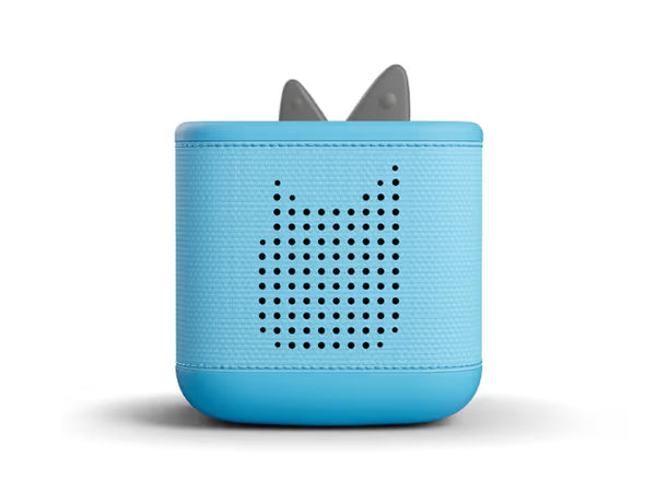 Front view of the sky blue Toniebox 2 with perforated speaker grille and gray top ears