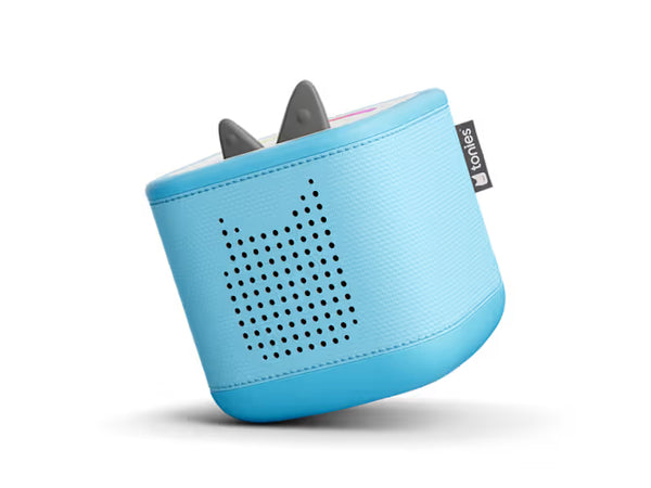 Angled view of the sky blue Toniebox 2 audio player with perforated speaker grille