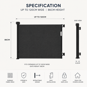 Grey retractable fabric stair gate with measurement diagram and side view posts