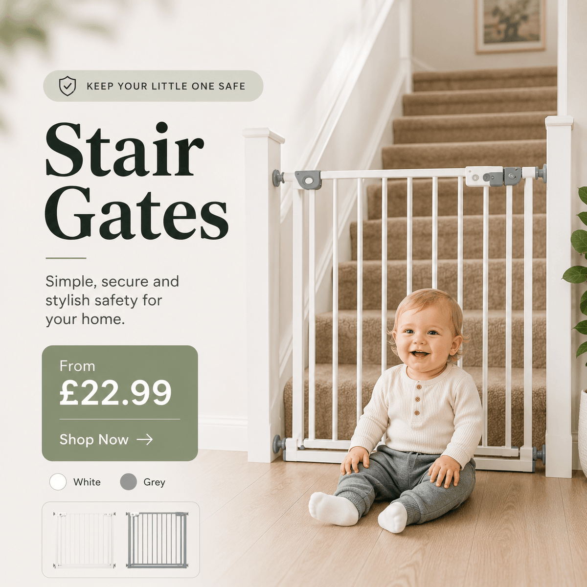 Baby sitting on the floor next to a stair gate with promotional text and pricing.