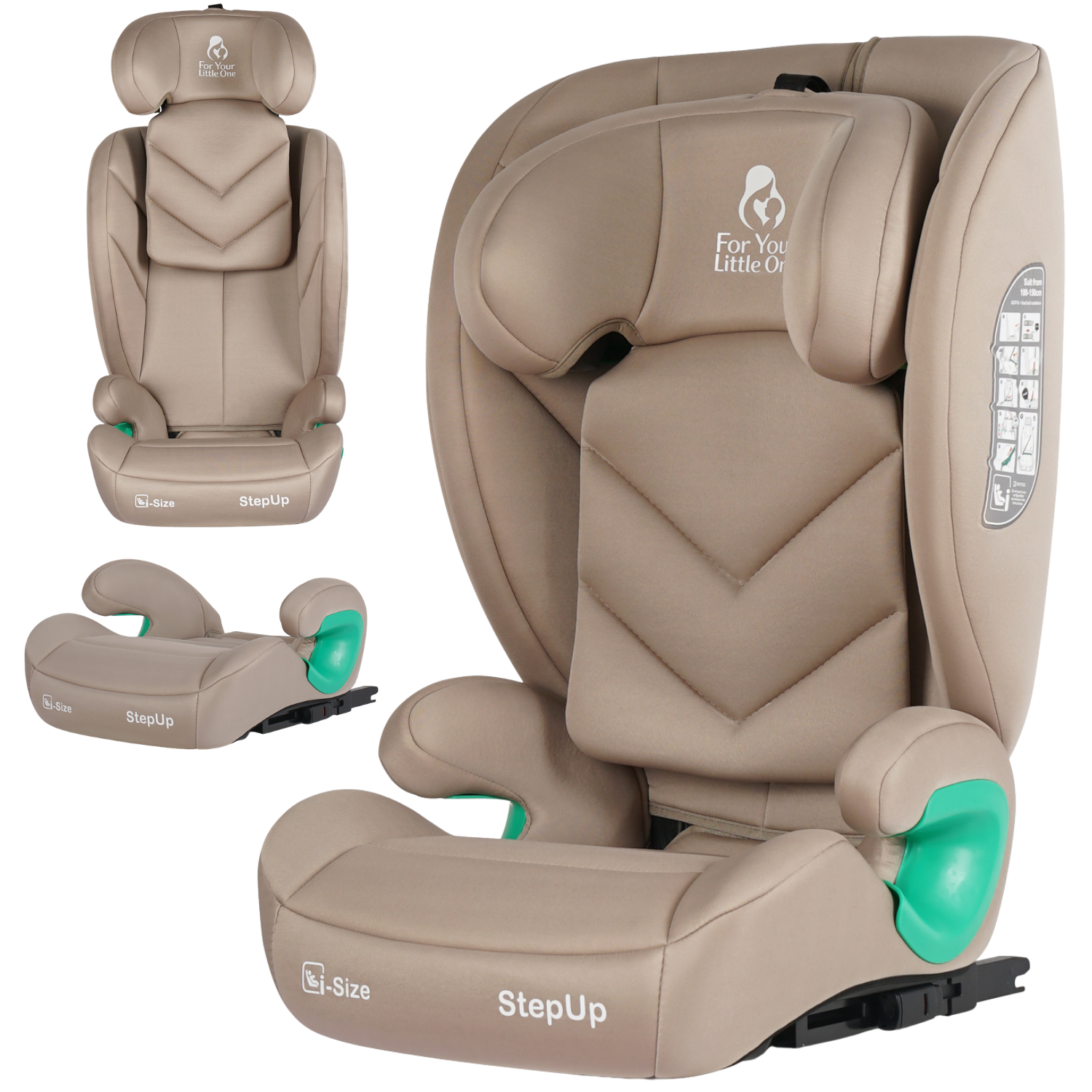 A beige StepUp car seat shown from multiple angles on a white background, with small teal side-release buttons and printed branding including 'For You Little One' and 'StepUp'.