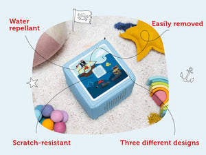 Blue removable, water-repellent Toniebox topper with a pirate ship design