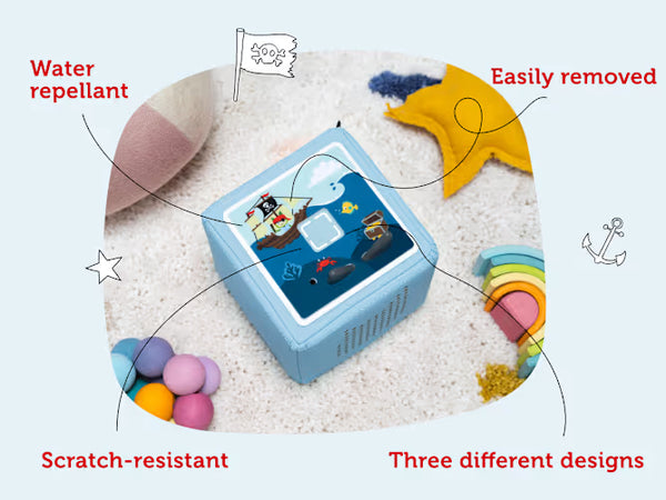 Blue removable, water-repellent Toniebox topper with a pirate ship design