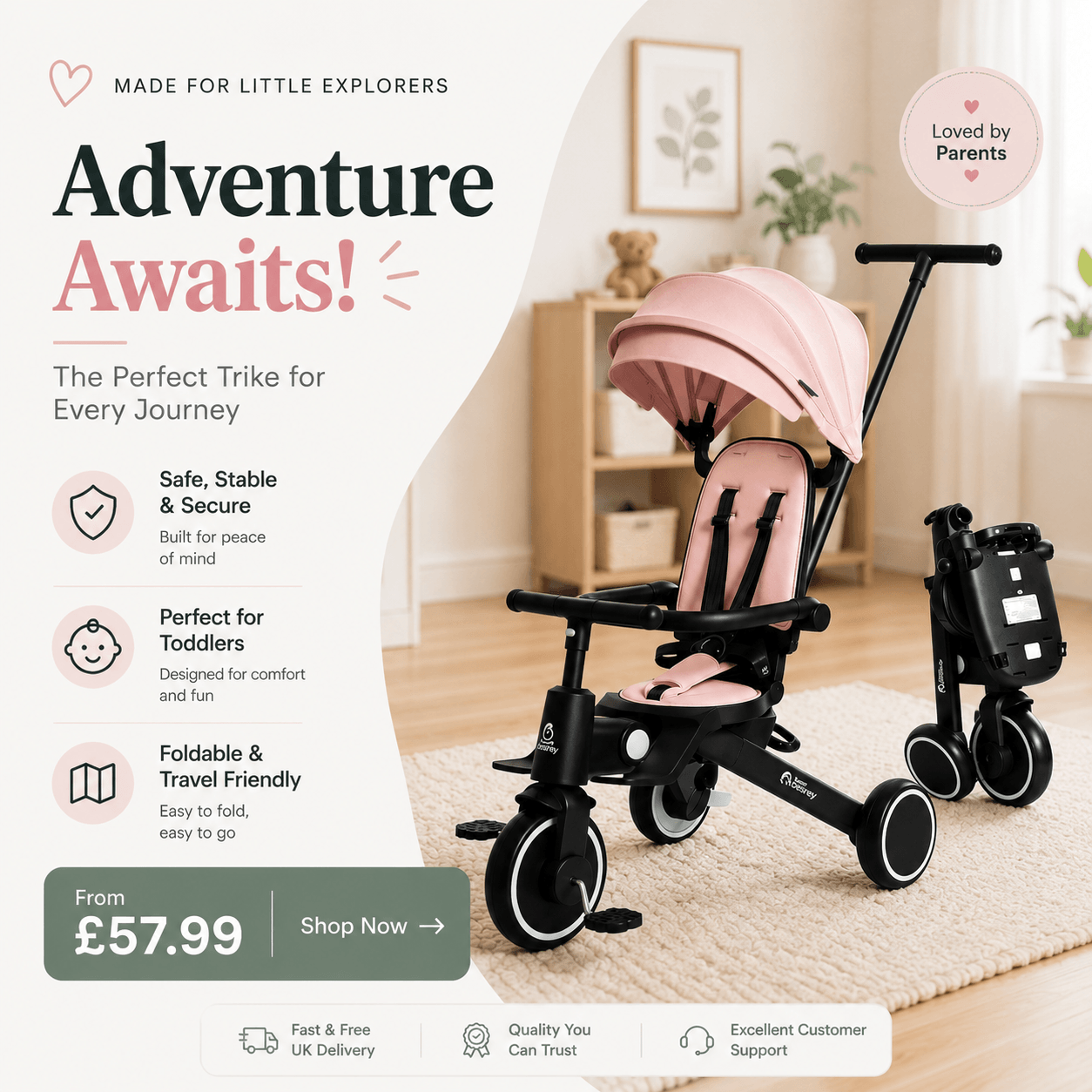 Child's tricycle with pink canopy in a home setting, promotional text on the left.