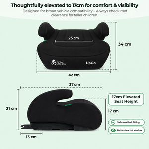Midnight black ISOFIX booster seat with elevated seat height, 17 cm.