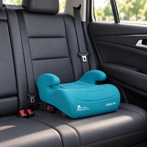 Teal booster seat cushion with side armrests and UpGo Fix branding on dark car seat