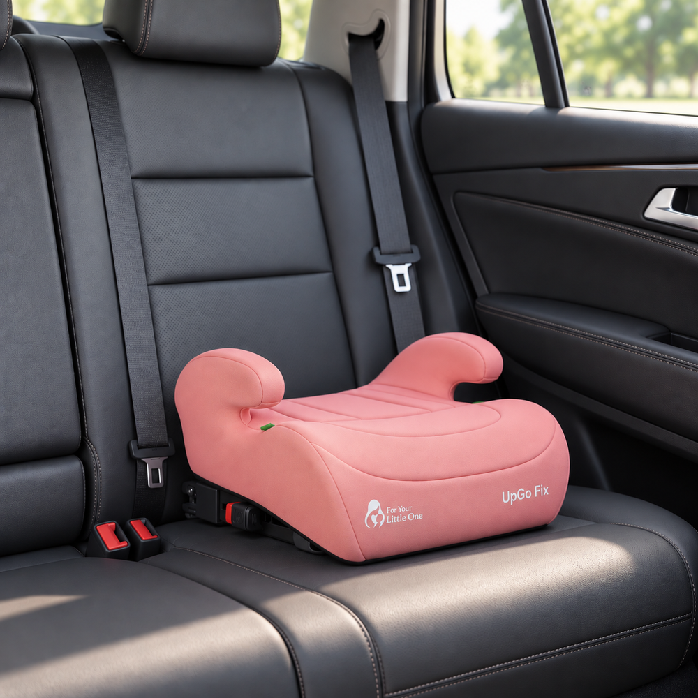 Blush rose booster seat three-quarter view with side headrests and black ISOFIX parts