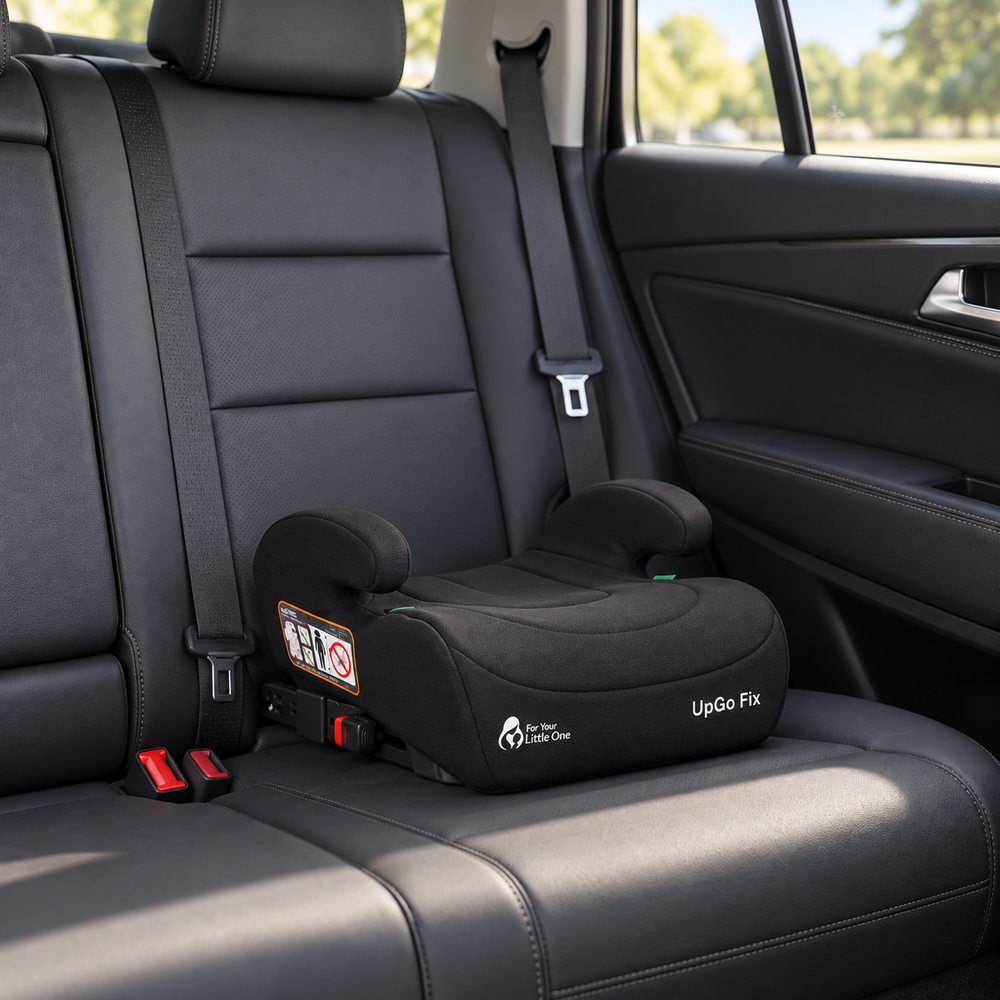 Midnight black UpGo Fix ISOFIX booster seat with padded headrest and side wings