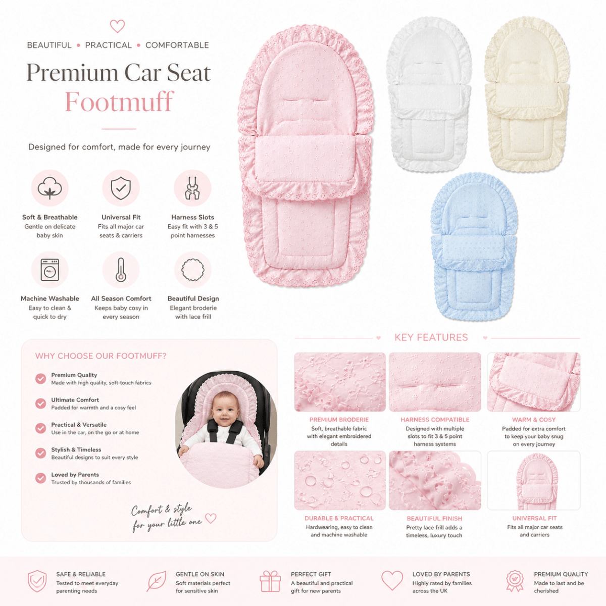 Broderie Anglaise Car Seat Footmuff / Cosy Toes Compatible with Egg - For Your Little One