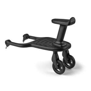 Bugaboo wheeled board shown from the side with raised seat and paired wheels