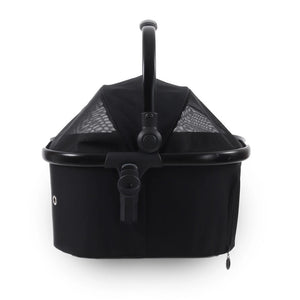 Black pet stroller basket with curved handle and mesh canopy