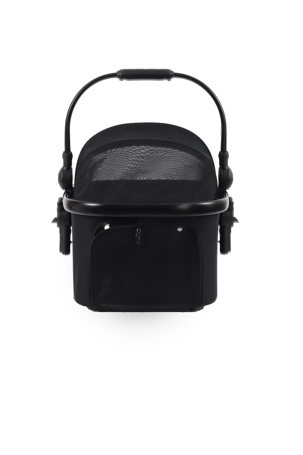 Black pet stroller basket with arched handle, side pockets, and mesh front