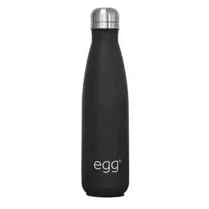 Matte black stroller bottle with stainless-steel lid, “egg” logo on front