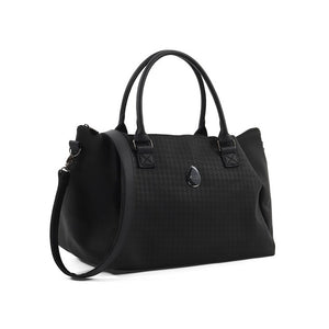 Black overnight bag with dual handles, front logo badge, and side zip pouch