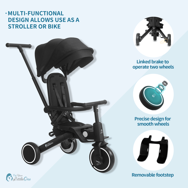 Foryourlittleone Xplor Plus 6 in 1 Foldable Trike - Jet Black (10m - 5y) - For Your Little One