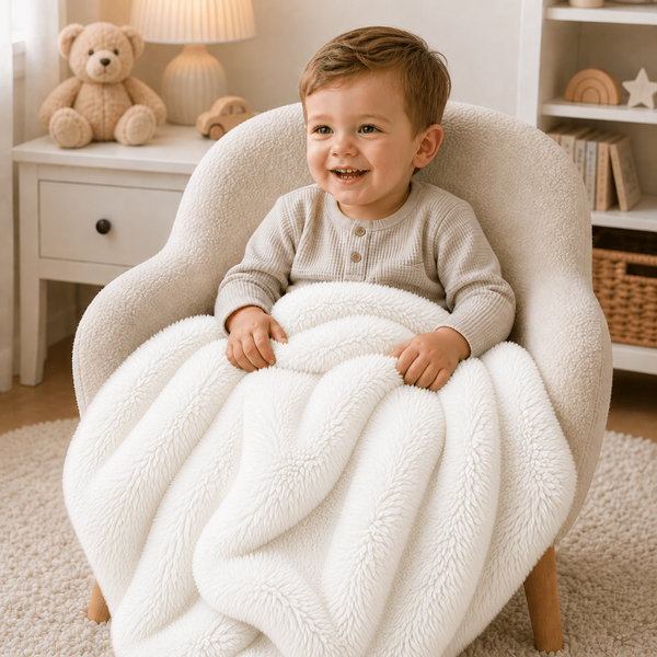 Luxury faux fur baby blanket, white, large draped fold with cozy plush texture