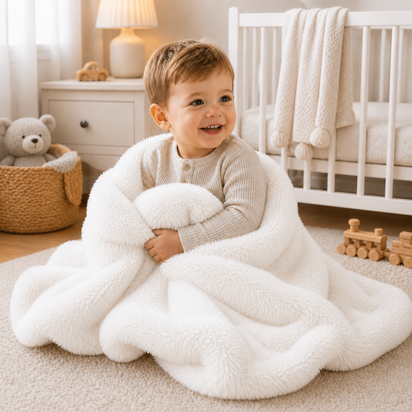 Luxury faux fur baby blanket, white, plush wrap with soft textured surface