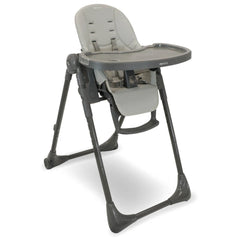 Grey high chair with tray, padded seat, five-point harness, and sturdy legs