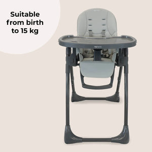 Grey high chair with removable tray, padded seat, and adjustable recline frame
