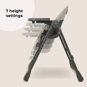 Grey high chair showing adjustable recline and footrest, side view