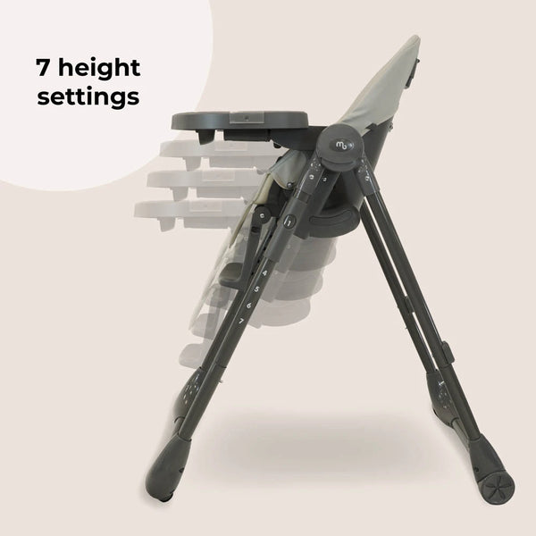 Grey high chair showing adjustable recline and footrest, side view