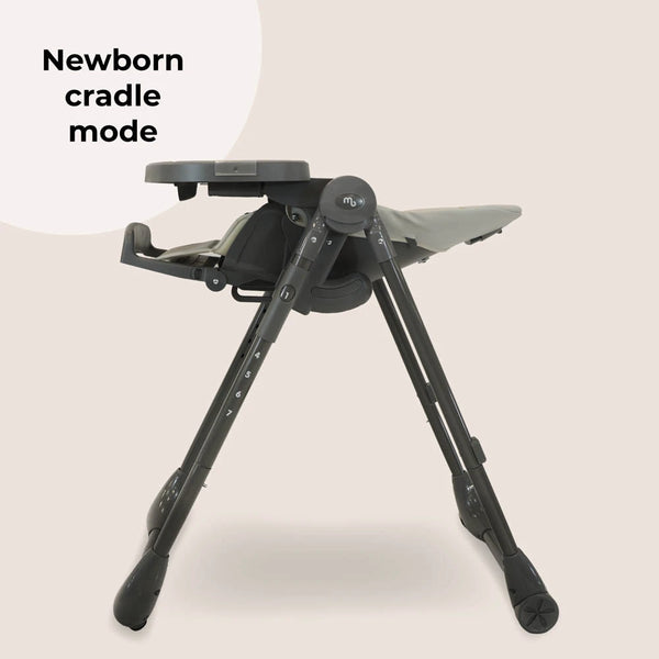 Grey high chair in newborn cradle mode, reclined seat and supportive legs