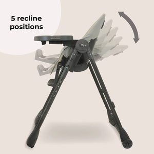 Grey high chair with multiple recline settings and curved leg support