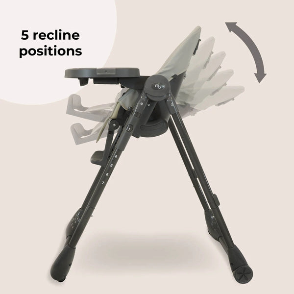 Grey high chair with multiple recline settings and curved leg support