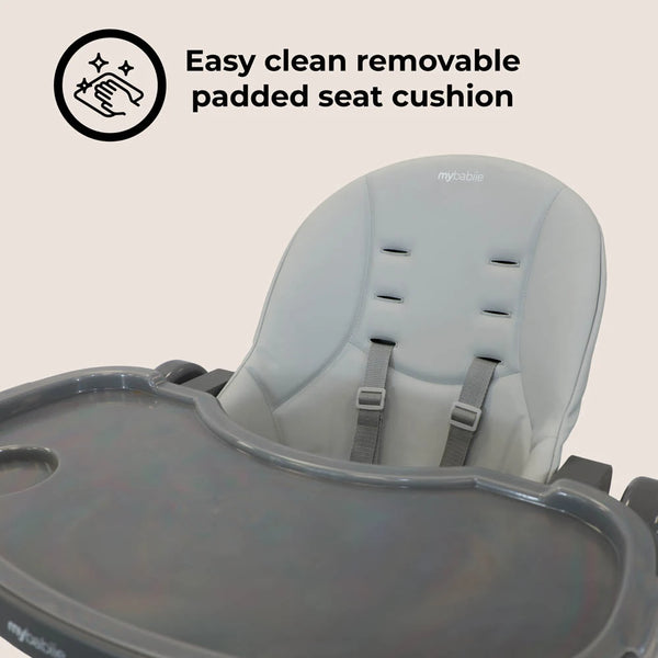Grey padded seat cushion with harness straps, close-up detail