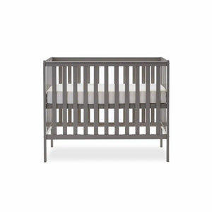 Taupe grey space-saver baby cot with fixed rail and vertical slatted sides