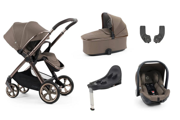 Stroller set with bassinet, car seat, and chassis with footrest attachments