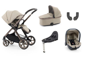 4-in-1 stroller bundle accessories shown together in beige and black